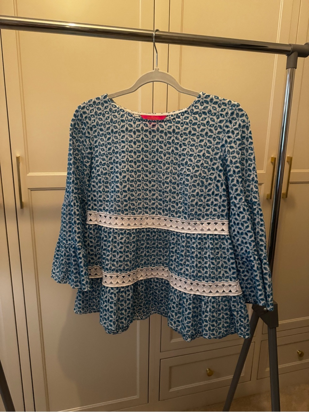 Lilly Pulitzer Blue Printed Tiered Tunic with White Lace Trim
